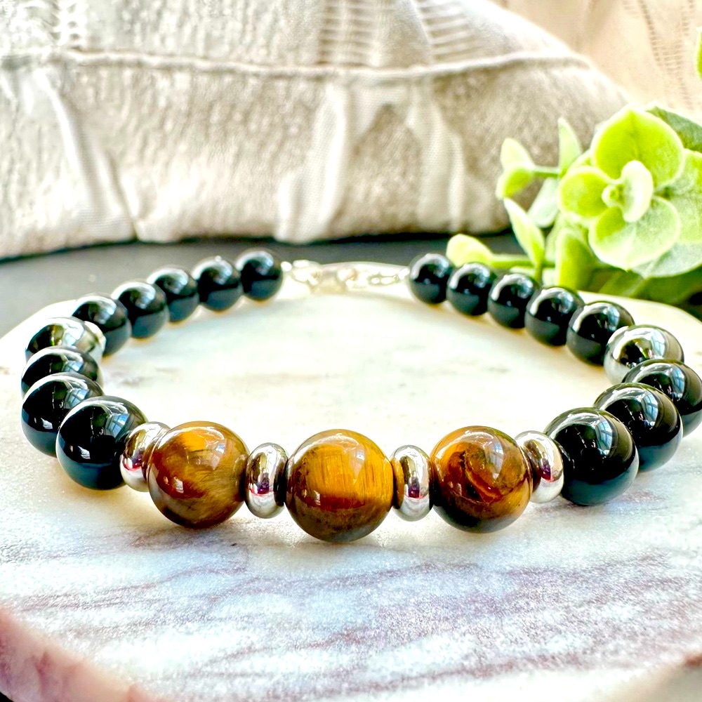 Brown Tigers Eye Bracelet Black Tourmaline Hematite Healing Crystal 38$